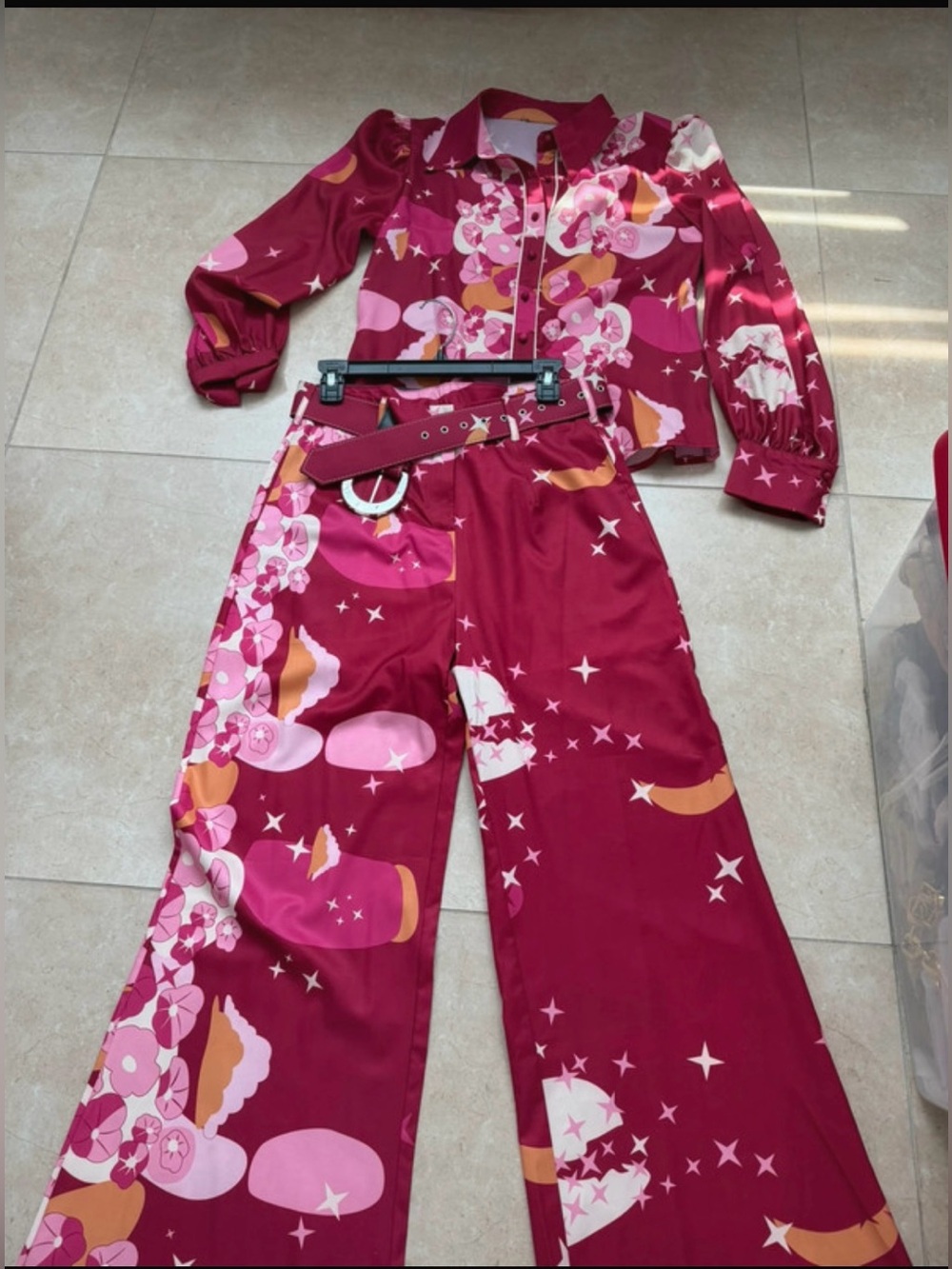 Women's Pink Floral Wide-Leg Trousers with Coordinating Belt and blouse